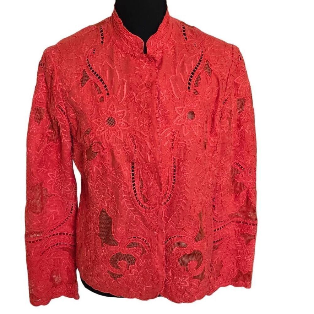 Sutton Studio Womens Button-up Embroidered Floral Mesh Linen Jacket Orange Small